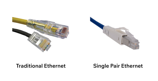 Traditional Ethernet RJ45 connectors next to a Single Pair Ethernet (SPE) connector